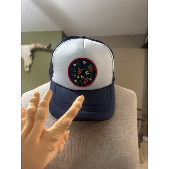 Strawberry Trucker Hat Navy Flowers Summer Mesh Snap Back - Picture 1 of 4